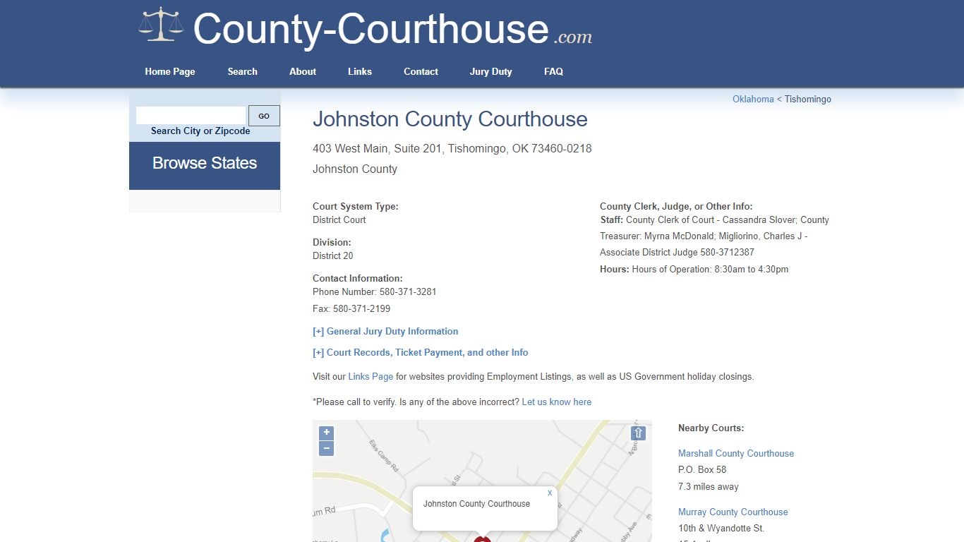 Johnston County Courthouse in Tishomingo, OK - Court Information